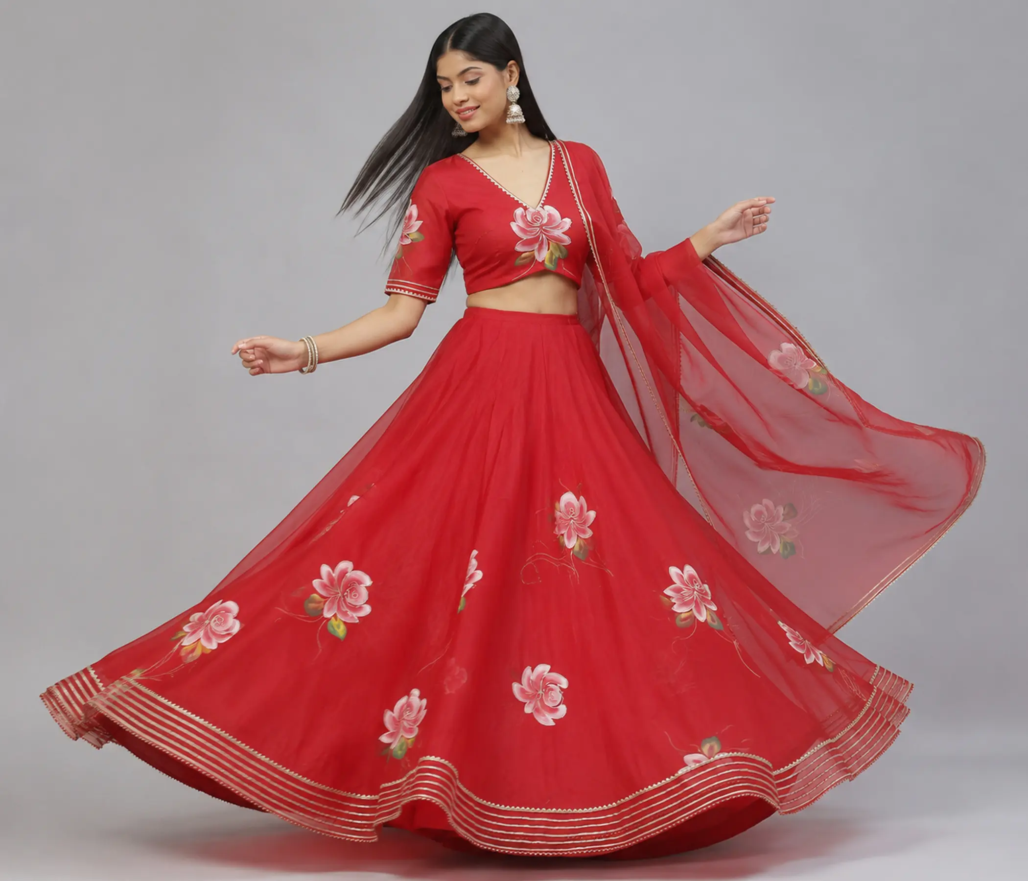 Red Hand Painted Organza Lehenga Set complete your traditional indian wedding clothes collection